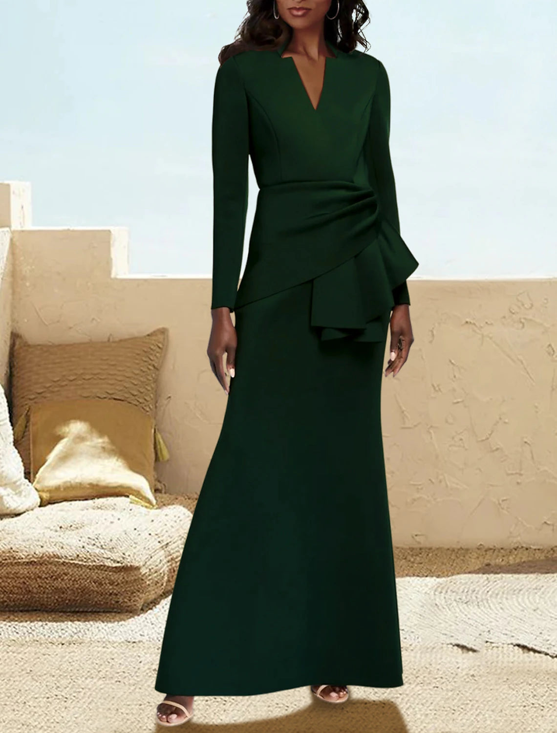 Abito da cerimonia per la madre della sposa, a trapezio, elegante, con scollo a V, lunghezza al pavimento, in raso, maniche lunghe con arricciature